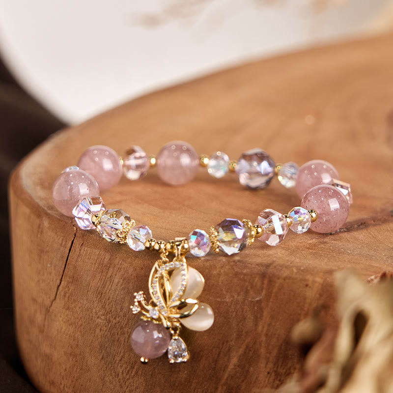 Pulsera curativa con forma de mariposa y cuarzo fresa natural de Buddha Stones