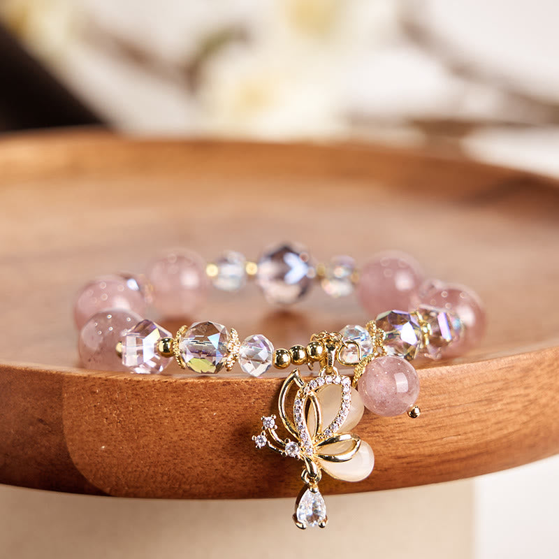 Pulsera curativa con forma de mariposa y cuarzo fresa natural de Buddha Stones