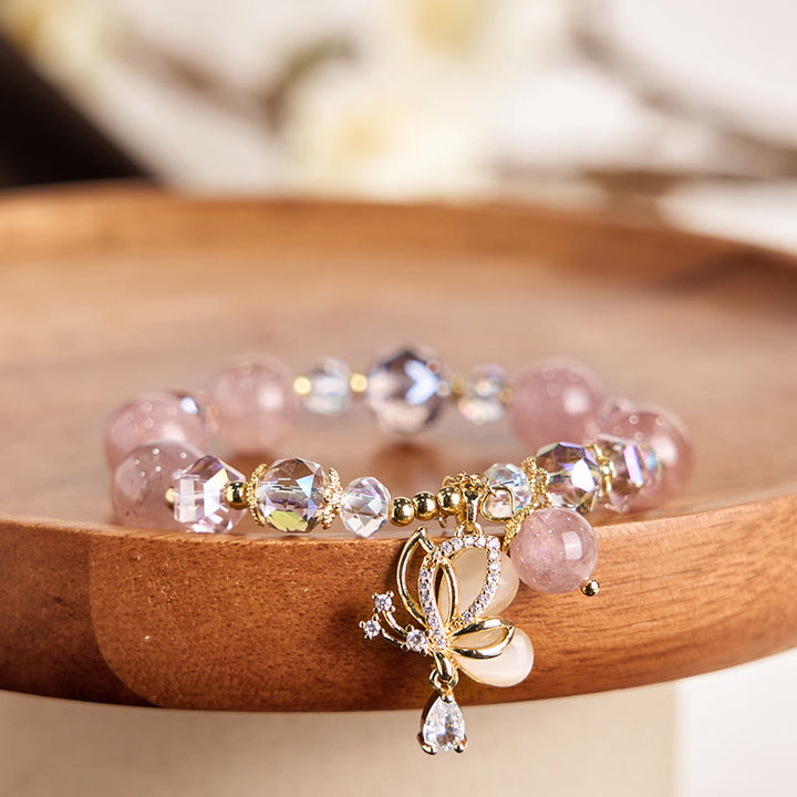 Pulsera curativa con forma de mariposa y cuarzo fresa natural de Buddha Stones