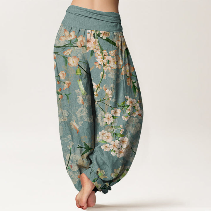 Pantalones bombachos de cintura elástica para mujer con estampado de flores de melocotón y gansos voladores de algodón con Buddha Stones - image 2