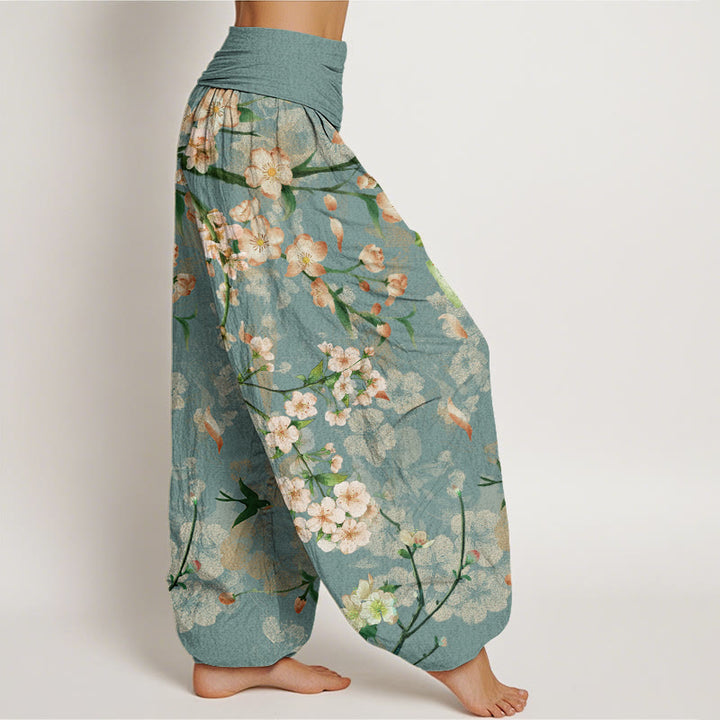 Pantalones bombachos de cintura elástica para mujer con estampado de flores de melocotón y gansos voladores de algodón con Buddha Stones - image 1