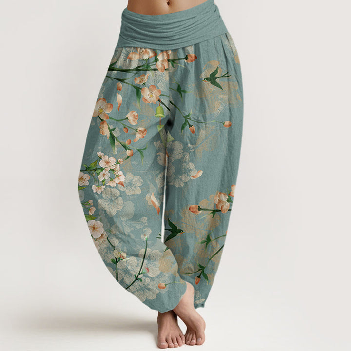 Pantalones bombachos de cintura elástica para mujer con estampado de flores de melocotón y gansos voladores de algodón con Buddha Stones - Aguamarina medio - US22，UK/AU26，EU54 (6XL) - image 0