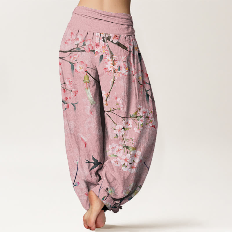 Pantalones bombachos de cintura elástica para mujer con estampado de flores de melocotón y gansos voladores de algodón con Buddha Stones - image 6