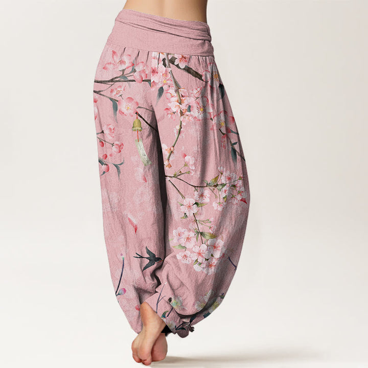 Pantalones bombachos de cintura elástica para mujer con estampado de flores de melocotón y gansos voladores de algodón con Buddha Stones - image 6