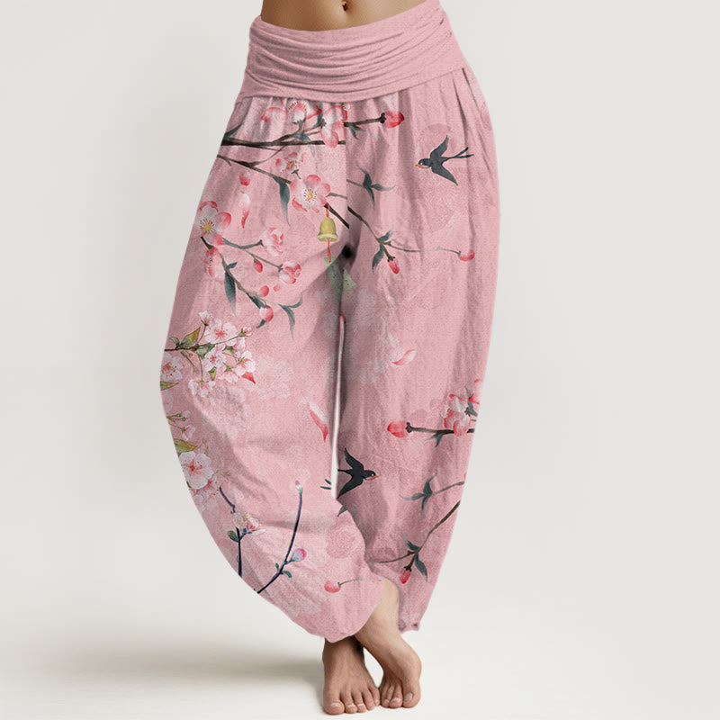 Pantalones bombachos de cintura elástica para mujer con estampado de flores de melocotón y gansos voladores de algodón con Buddha Stones - Rosa - US22，UK/AU26，EU54 (6XL) - image 4