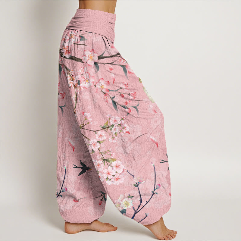 Pantalones bombachos de cintura elástica para mujer con estampado de flores de melocotón y gansos voladores de algodón con Buddha Stones - image 5
