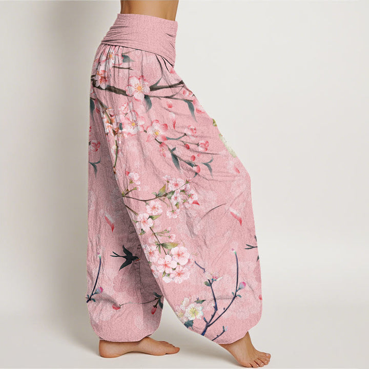 Pantalones bombachos de cintura elástica para mujer con estampado de flores de melocotón y gansos voladores de algodón con Buddha Stones - image 5