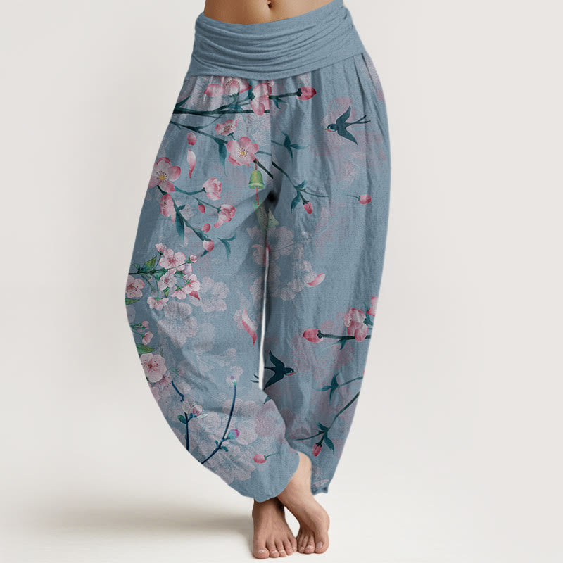 Pantalones bombachos de cintura elástica para mujer con estampado de flores de melocotón y gansos voladores de algodón con Buddha Stones - Azul aciano - US22，UK/AU26，EU54 (6XL) - image 7
