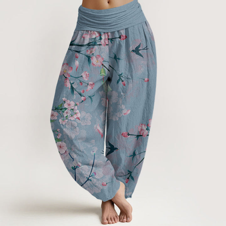 Pantalones bombachos de cintura elástica para mujer con estampado de flores de melocotón y gansos voladores de algodón con Buddha Stones - Azul aciano - US22，UK/AU26，EU54 (6XL) - image 7