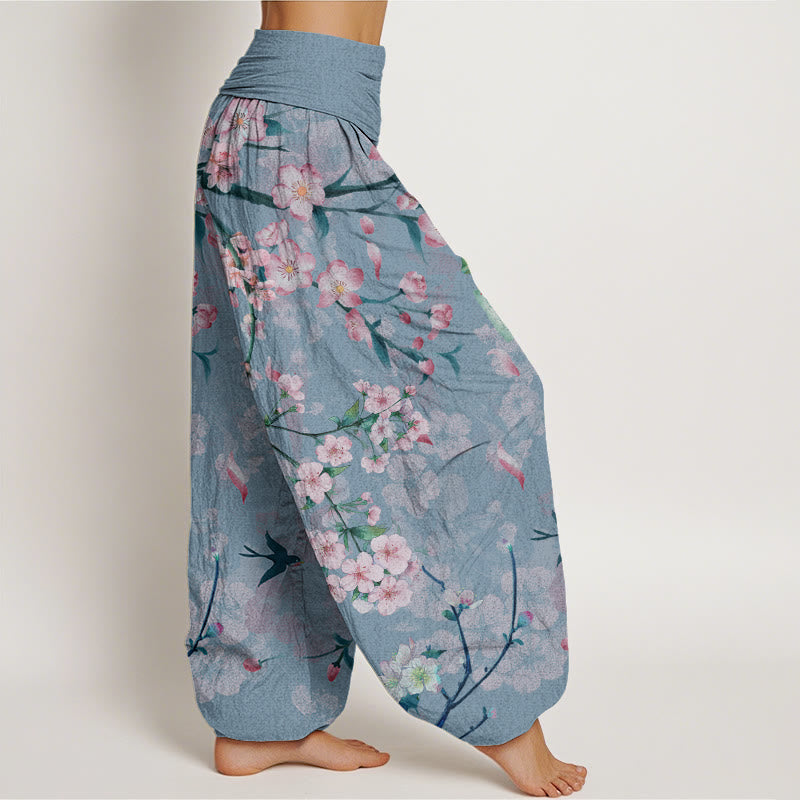 Pantalones bombachos de cintura elástica para mujer con estampado de flores de melocotón y gansos voladores de algodón con Buddha Stones - image 8