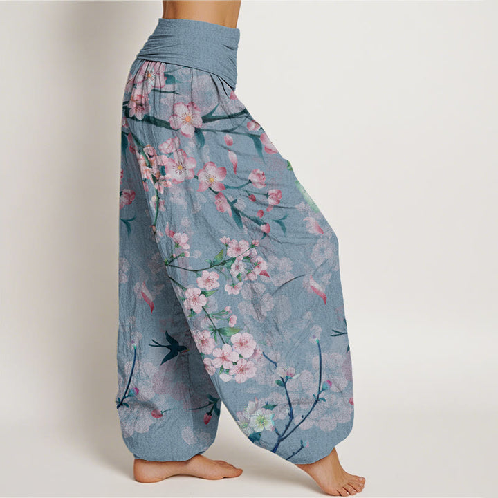 Pantalones bombachos de cintura elástica para mujer con estampado de flores de melocotón y gansos voladores de algodón con Buddha Stones - image 8