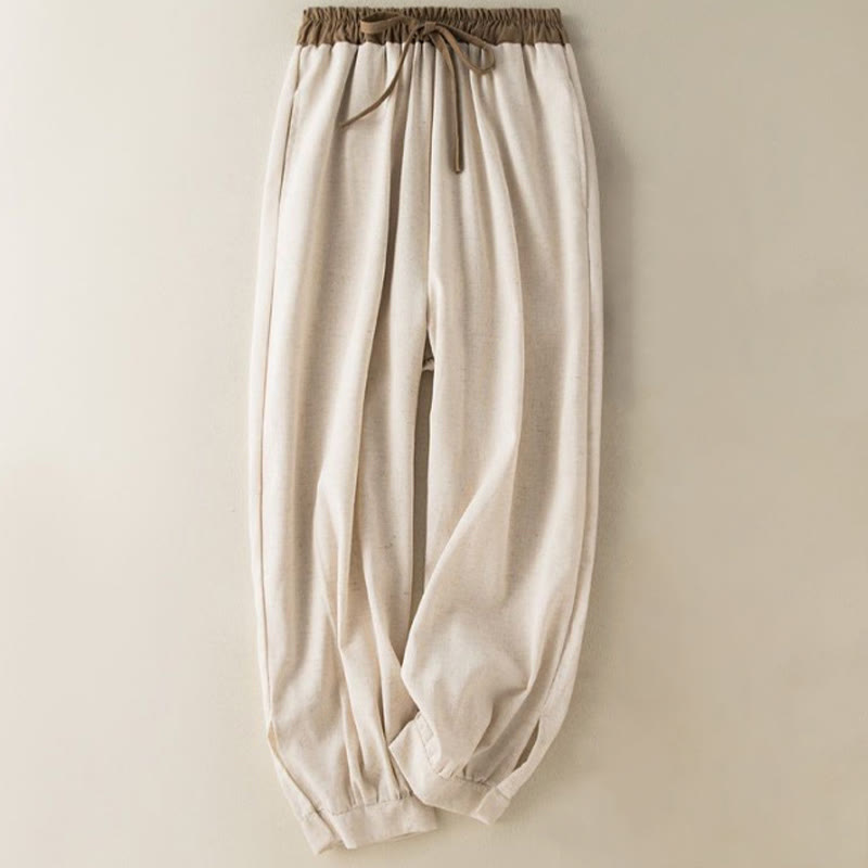 Pantalones harén de algodón liso con cordón y bolsillos para mujer con Buddha Stones - Beige - US16，UK/AU20，EU48 (3XL) - image 0