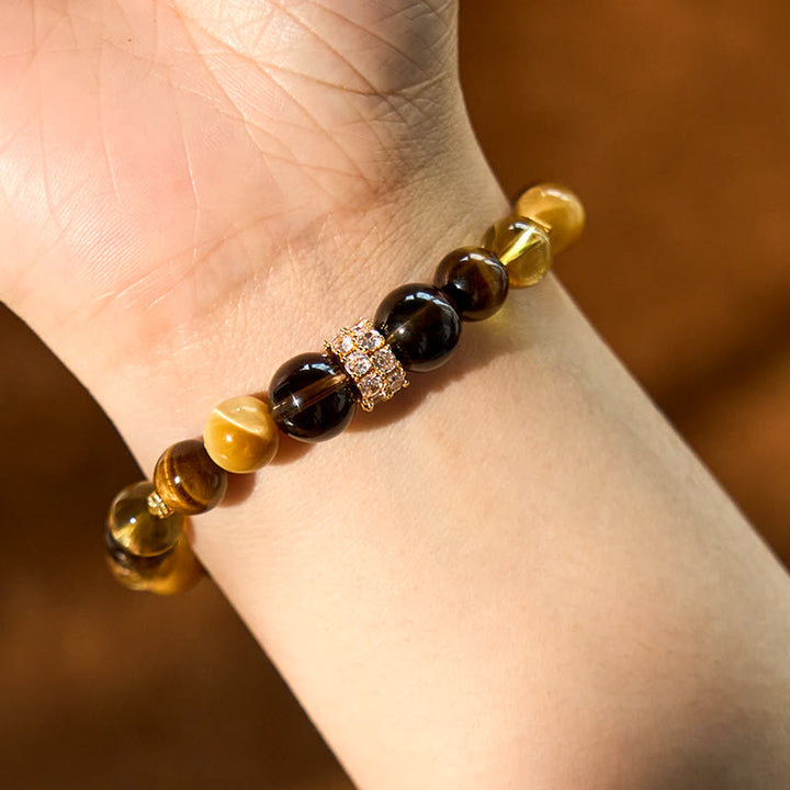 Pulsera de la felicidad con Buddha Stones, citrino, topacio, cuarzo ahumado y ojo de tigre