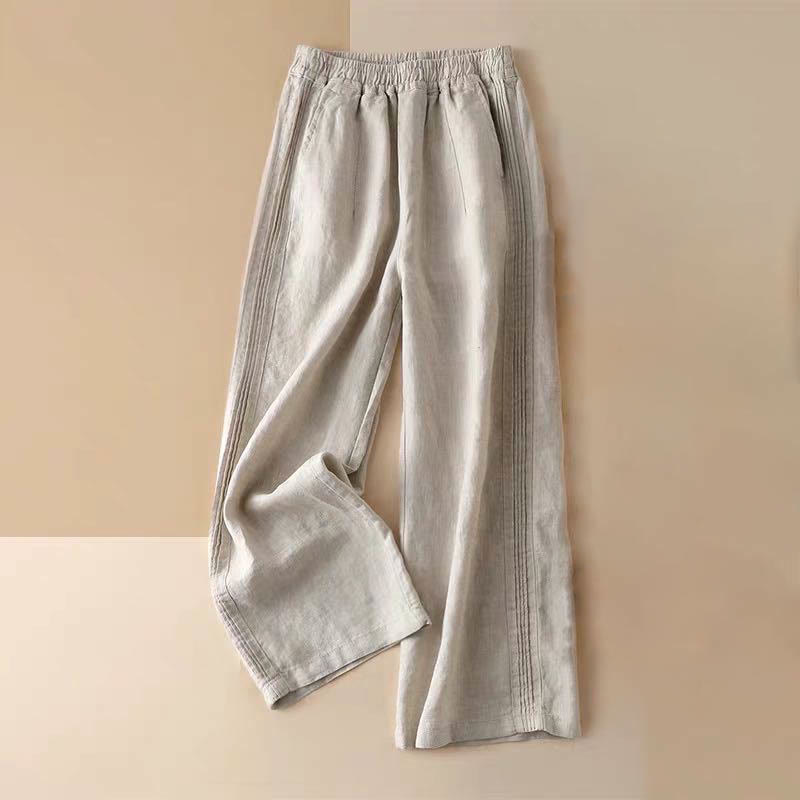 Pantalones de lino y algodón con pliegues laterales, de color liso, informales, para mujer, con pernera ancha y bolsillos , de Buddha Stones - Trigo - US12, UK/AU16, EU44 (3XL) - image 0