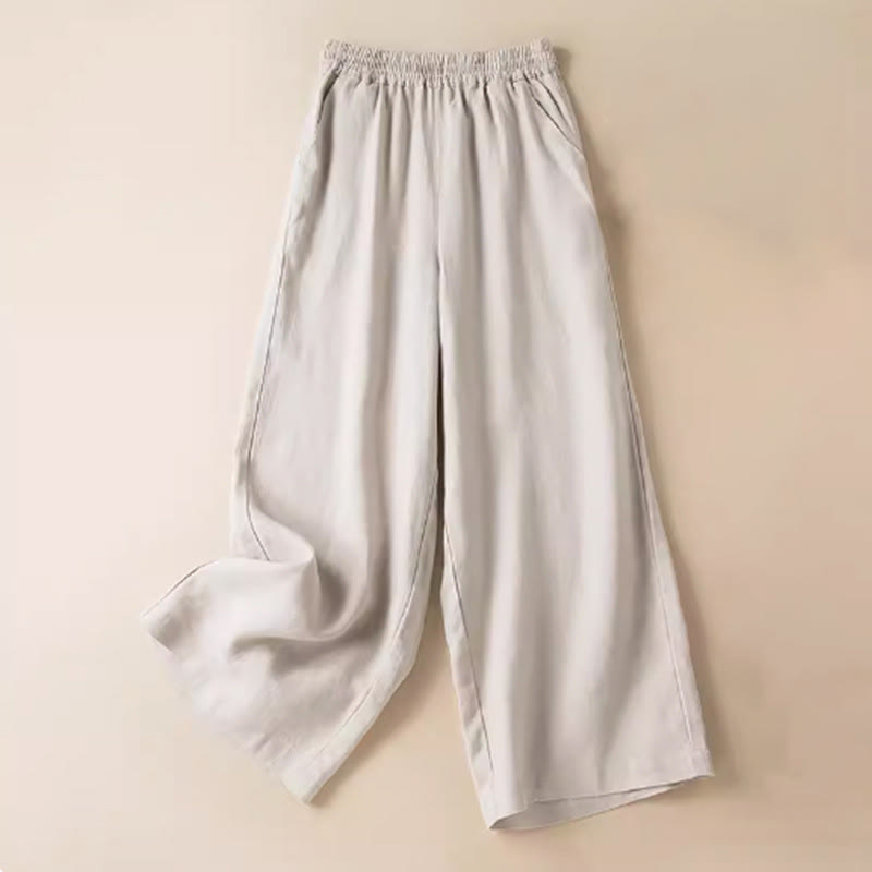 Pantalones anchos de lino y algodón de color liso para mujer con bolsillos y Buddha Stones - Beige - US12, UK/AU16, EU44 (3XL) - image 22