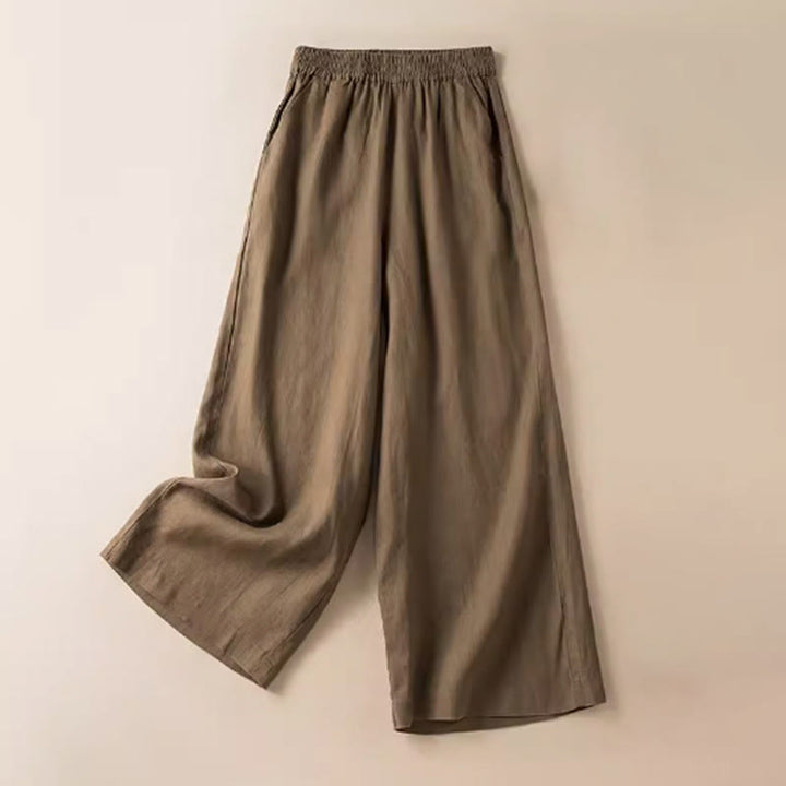 Pantalones anchos de lino y algodón de color liso para mujer con bolsillos y Buddha Stones - Vara de oro oscura - US12, UK/AU16, EU44 (3XL) - image 1