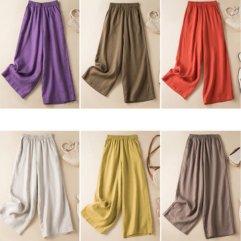 Pantalones anchos de lino y algodón de color liso para mujer con bolsillos y Buddha Stones - image 2