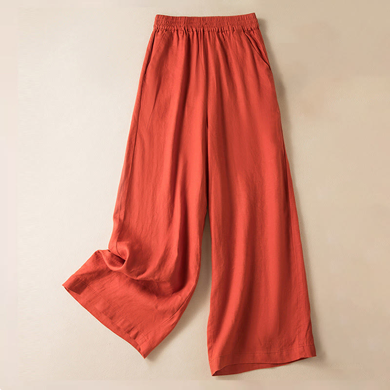 Pantalones anchos de lino y algodón de color liso para mujer con bolsillos y Buddha Stones - NaranjaRojo - US12, UK/AU16, EU44 (3XL) - image 7