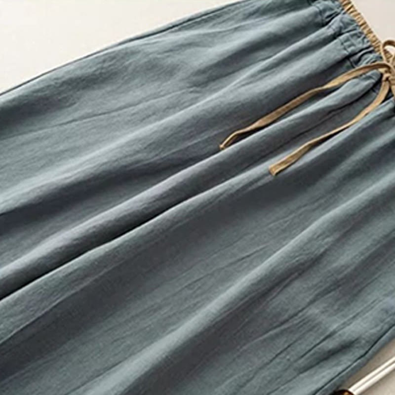 Pantalones casuales de lino y algodón de color liso con cordón para mujer con bolsillos y Buddha Stones - image 1