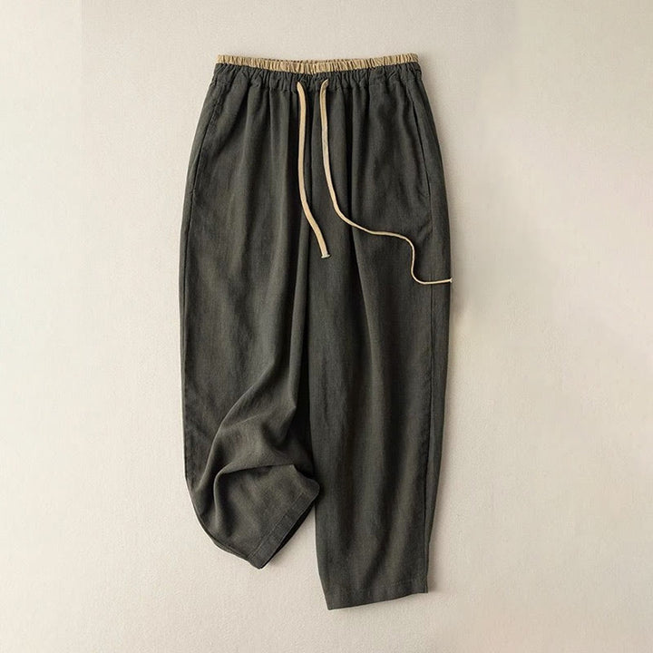 Pantalones casuales de lino y algodón de color liso con cordón para mujer con bolsillos y Buddha Stones - Verde oliva oscuro - US16，UK/AU20，EU48 (3XL) - image 6