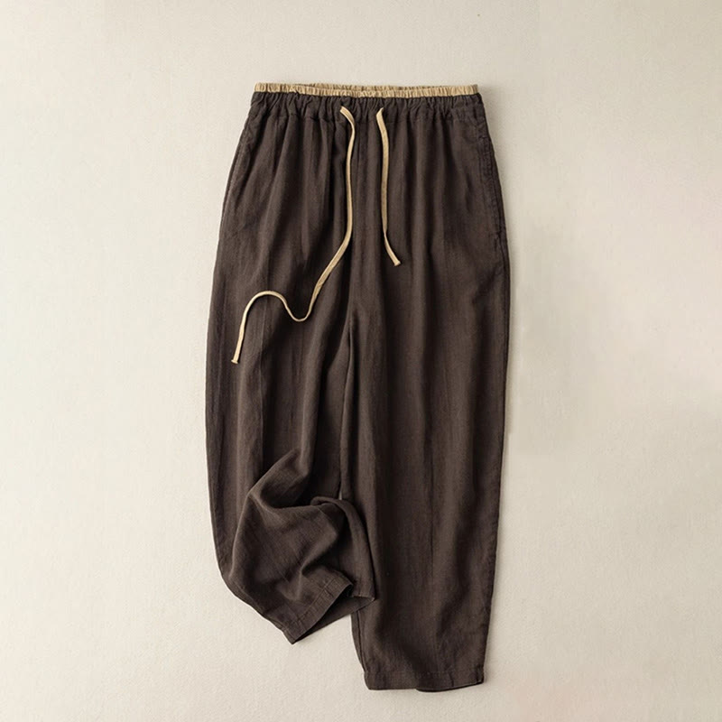 Pantalones casuales de lino y algodón de color liso con cordón para mujer con bolsillos y Buddha Stones - Marrón silla de montar - US16，UK/AU20，EU48 (3XL) - image 5