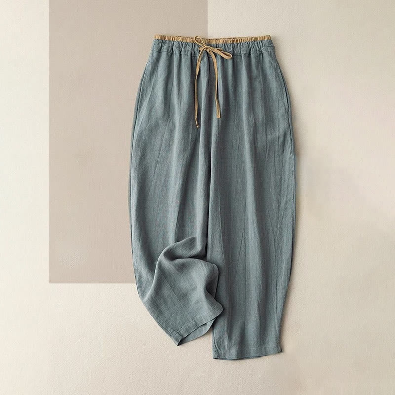 Pantalones casuales de lino y algodón de color liso con cordón para mujer con bolsillos y Buddha Stones - Cadete Azul - US16，UK/AU20，EU48 (3XL) - image 1