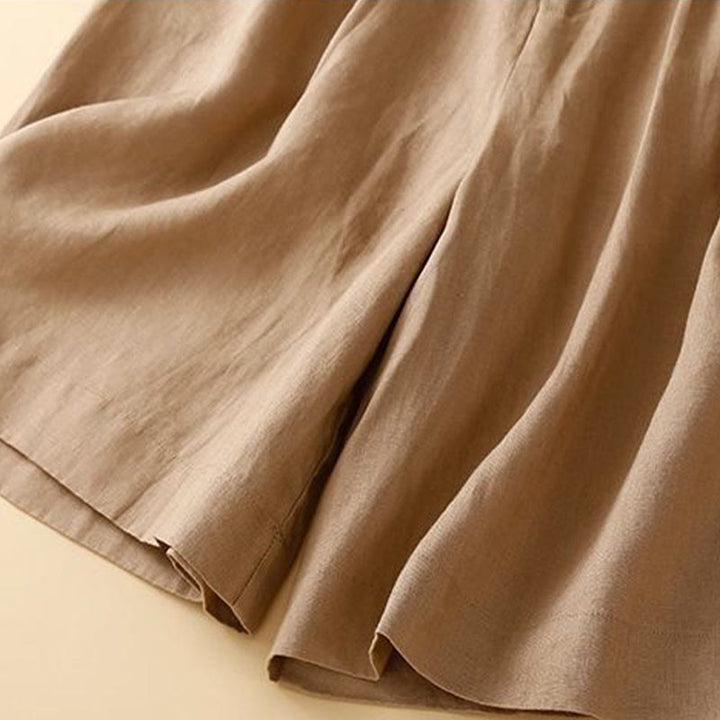 Pantalones cortos de lino y algodón con botones y cremallera plisados ​​de color liso con Buddha Stones para mujer con bolsillos - image 8