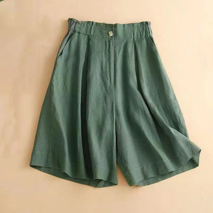 Pantalones cortos de lino y algodón con botones y cremallera plisados ​​de color liso con Buddha Stones para mujer con bolsillos - Verdemar - US12, UK/AU16, EU44 (3XL) - image 14
