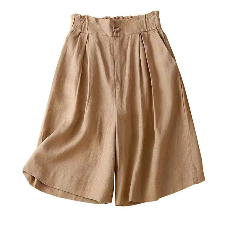 Pantalones cortos de lino y algodón con botones y cremallera plisados ​​de color liso con Buddha Stones para mujer con bolsillos - image 9