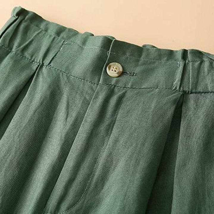 Pantalones cortos de lino y algodón con botones y cremallera plisados ​​de color liso con Buddha Stones para mujer con bolsillos - image 16