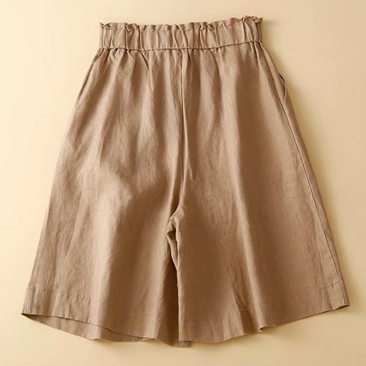 Pantalones cortos de lino y algodón con botones y cremallera plisados ​​de color liso con Buddha Stones para mujer con bolsillos - image 2