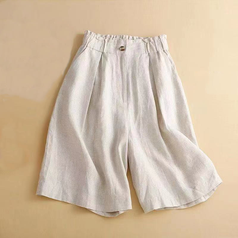 Pantalones cortos de lino y algodón con botones y cremallera plisados ​​de color liso con Buddha Stones para mujer con bolsillos - Beige - US12, UK/AU16, EU44 (3XL) - image 9