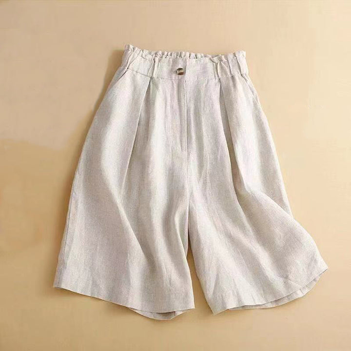 Pantalones cortos de lino y algodón con botones y cremallera plisados ​​de color liso con Buddha Stones para mujer con bolsillos - Beige - US12, UK/AU16, EU44 (3XL) - image 9