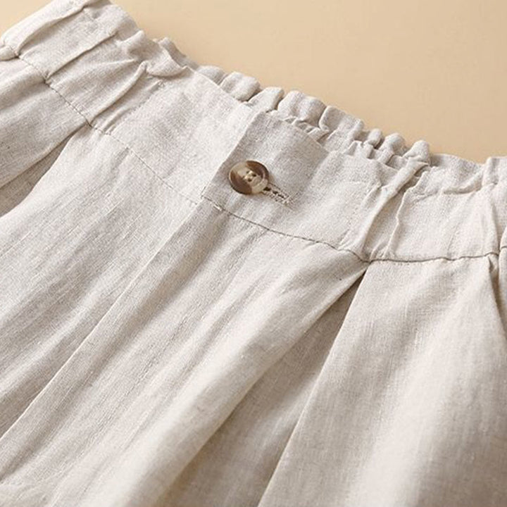 Pantalones cortos de lino y algodón con botones y cremallera plisados ​​de color liso con Buddha Stones para mujer con bolsillos - image 10