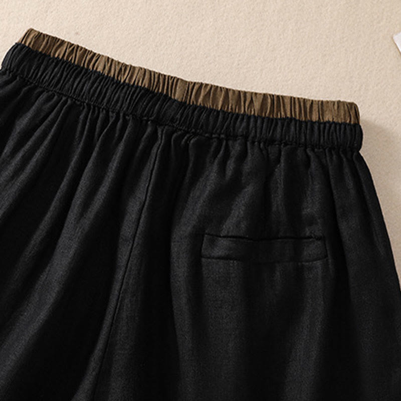 Pantalones cortos de lino y algodón con cintura con contraste de color liso y bolsillos para mujer con Buddha Stones - image 11