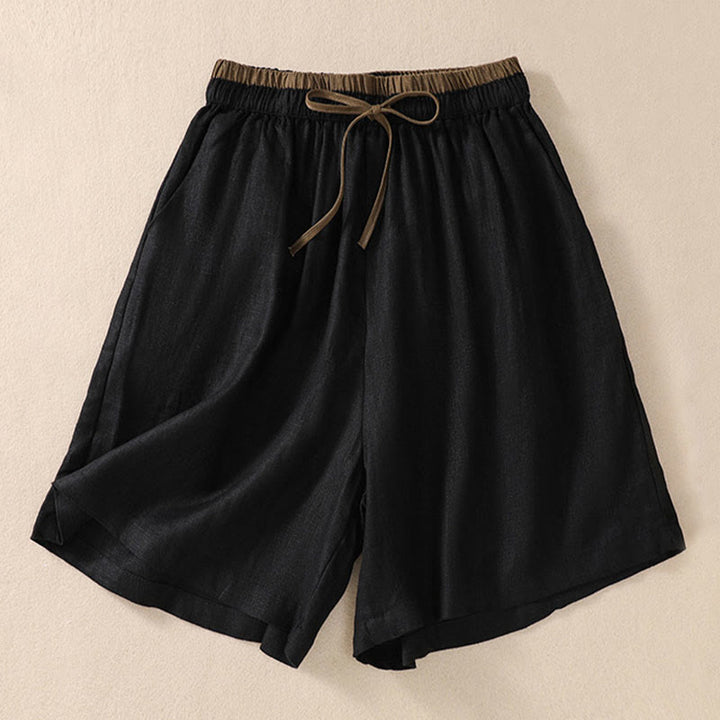 Pantalones cortos de lino y algodón con cintura con contraste de color liso y bolsillos para mujer con Buddha Stones - Negro - US8-10，UK/AU12-14，EU40-42 (2XL) - image 9
