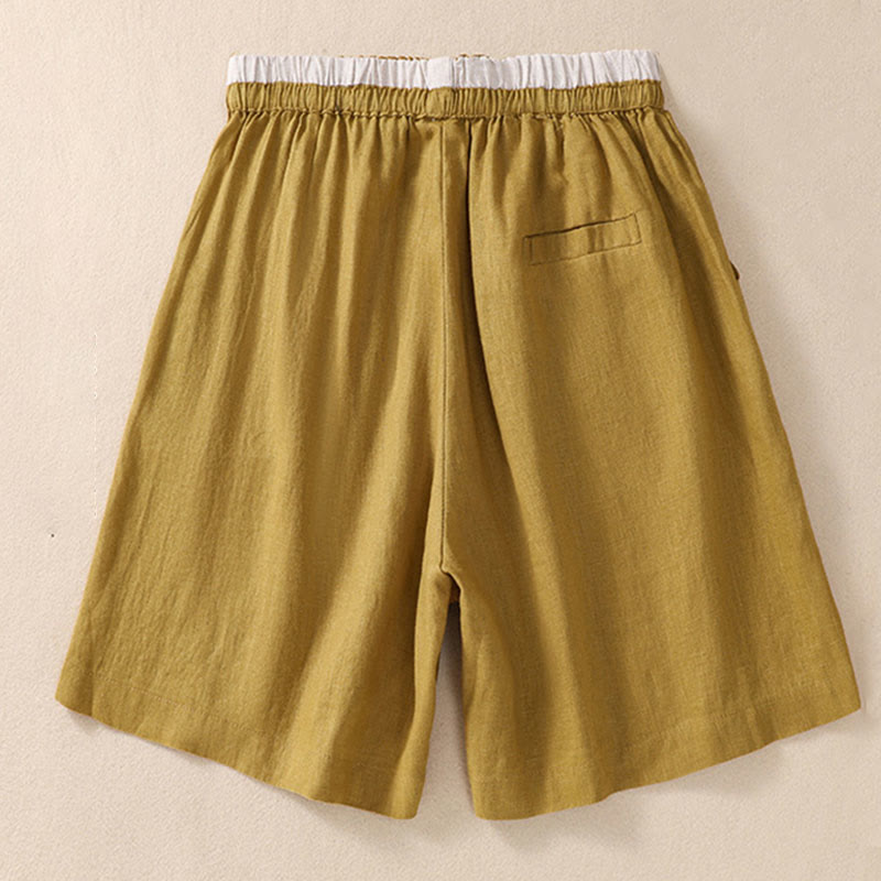 Pantalones cortos de lino y algodón con cintura con contraste de color liso y bolsillos para mujer con Buddha Stones - image 19