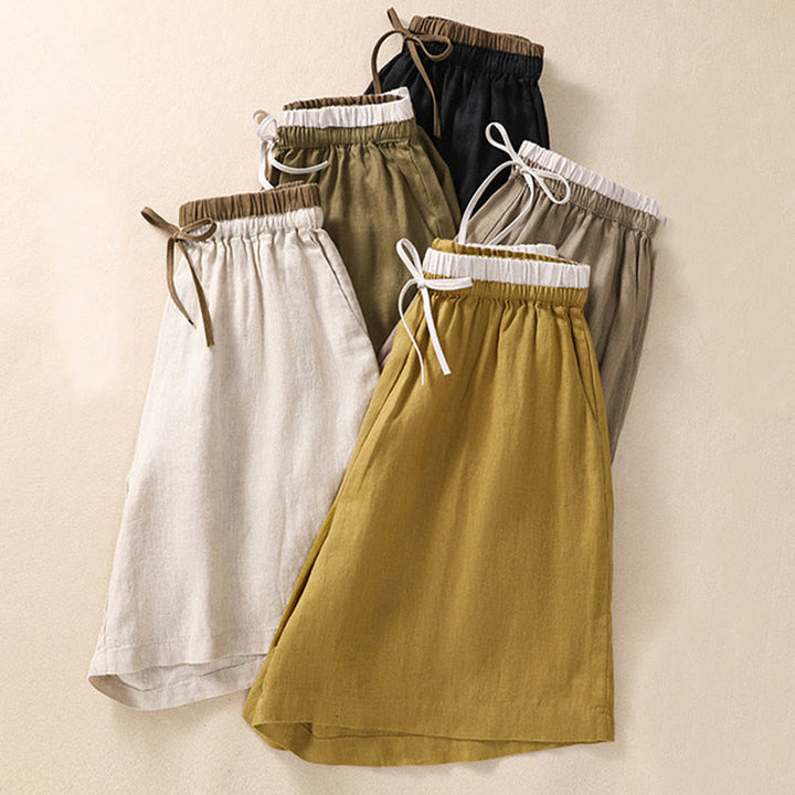 Pantalones cortos de lino y algodón con cintura con contraste de color liso y bolsillos para mujer con Buddha Stones - image 22