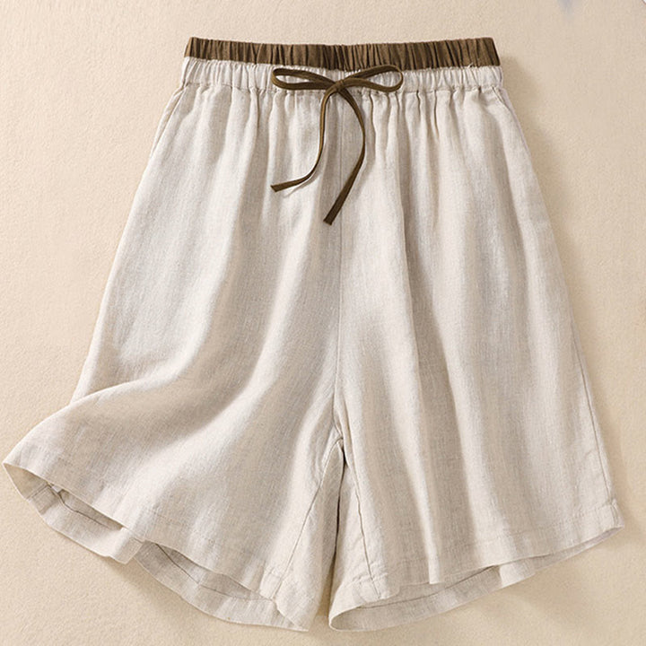 Pantalones cortos de lino y algodón con cintura con contraste de color liso y bolsillos para mujer con Buddha Stones - Beige - US8-10，UK/AU12-14，EU40-42 (2XL) - image 3