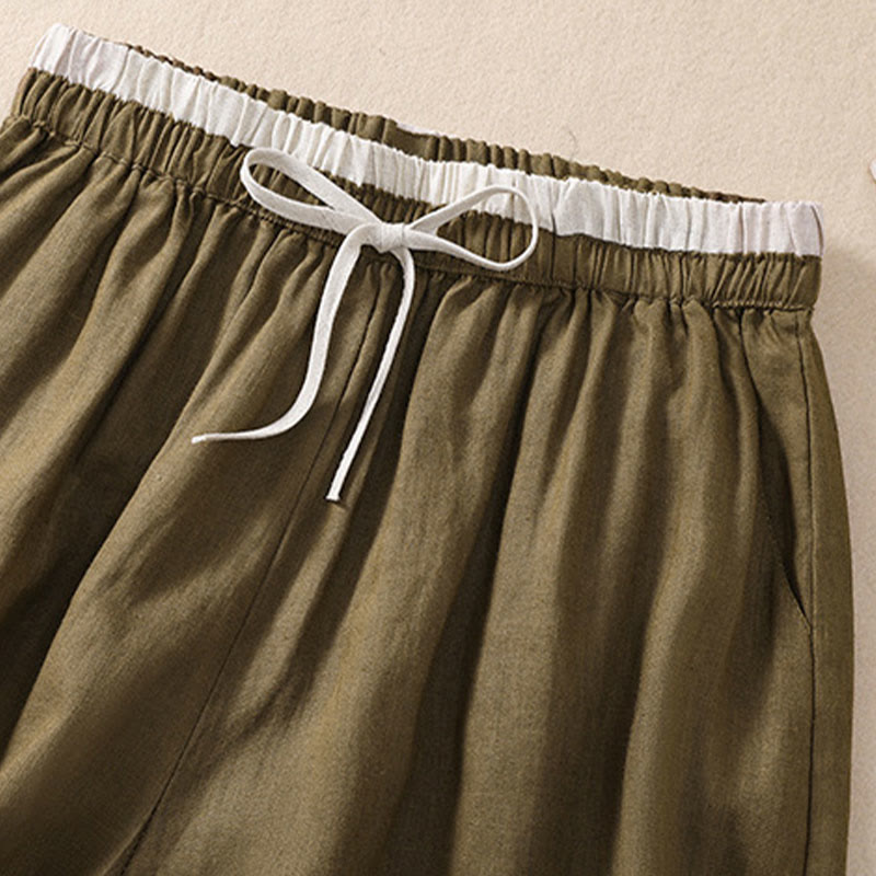 Pantalones cortos de lino y algodón con cintura con contraste de color liso y bolsillos para mujer con Buddha Stones - image 15