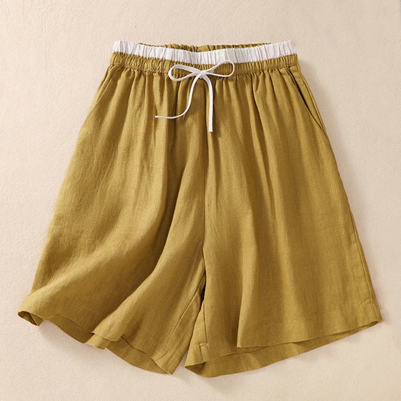 Pantalones cortos de lino y algodón con cintura con contraste de color liso y bolsillos para mujer con Buddha Stones - Oro - US8-10，UK/AU12-14，EU40-42 (2XL) - image 18