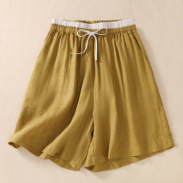 Pantalones cortos de lino y algodón con cintura con contraste de color liso y bolsillos para mujer con Buddha Stones - Oro - US8-10，UK/AU12-14，EU40-42 (2XL) - image 18