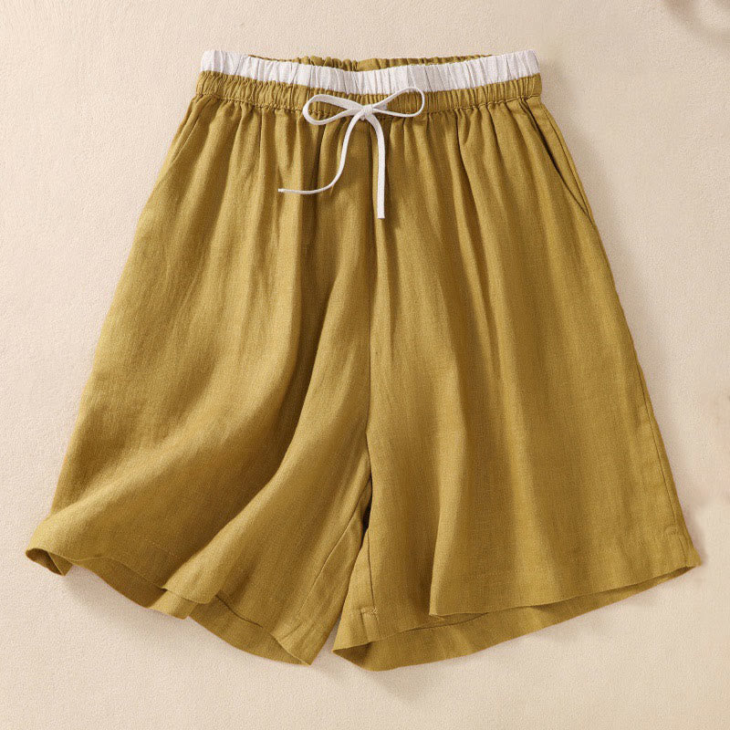 Pantalones cortos de lino y algodón con cintura con contraste de color liso y bolsillos para mujer con Buddha Stones - image 21