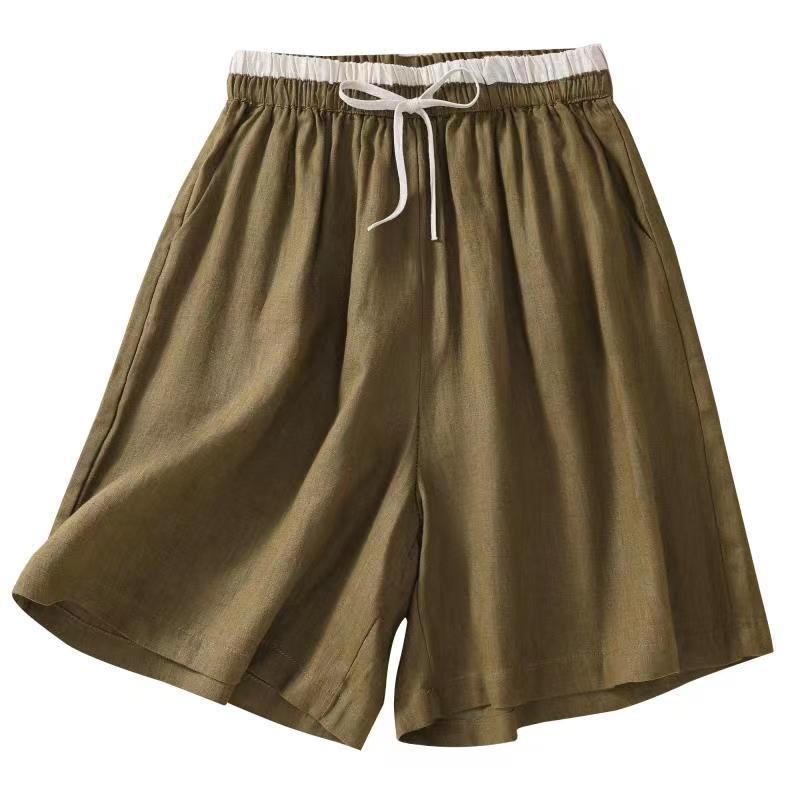 Pantalones cortos de lino y algodón con cintura con contraste de color liso y bolsillos para mujer con Buddha Stones - image 17