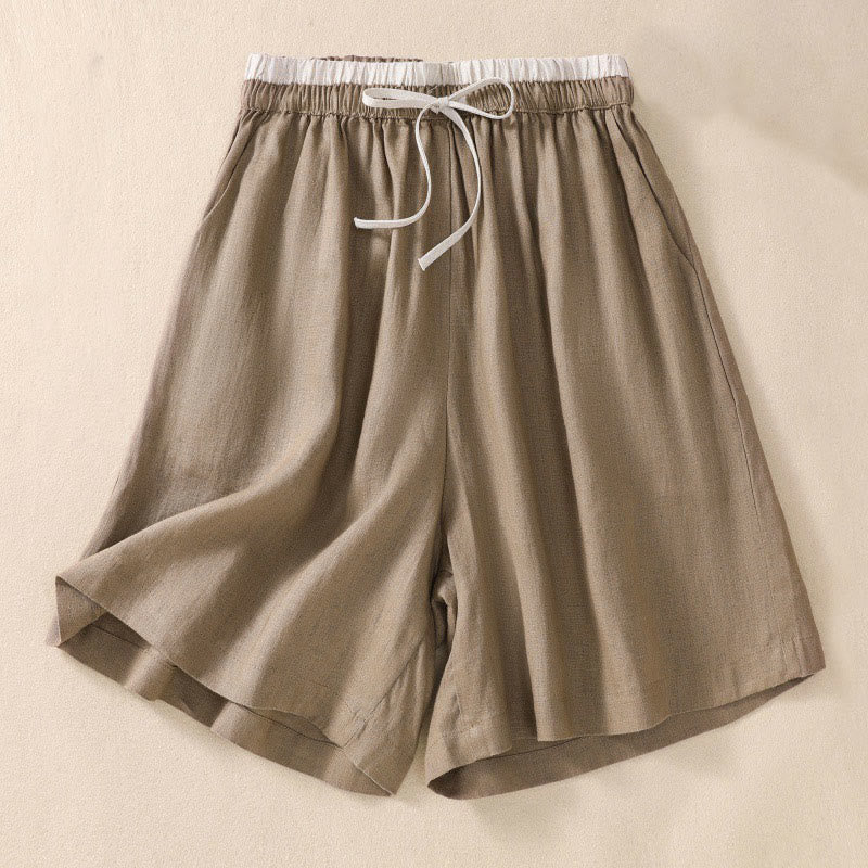 Pantalones cortos de lino y algodón con cintura con contraste de color liso y bolsillos para mujer con Buddha Stones - image 1