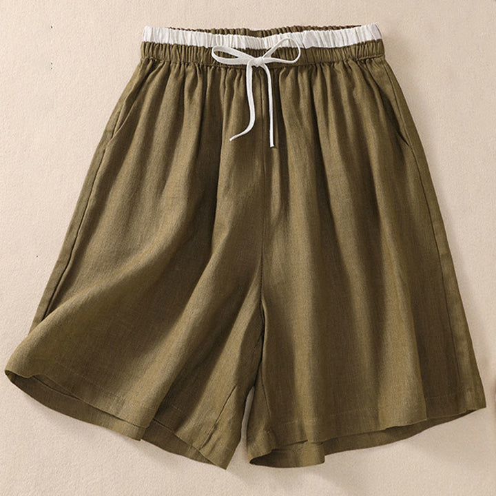 Pantalones cortos de lino y algodón con cintura con contraste de color liso y bolsillos para mujer con Buddha Stones - image 13