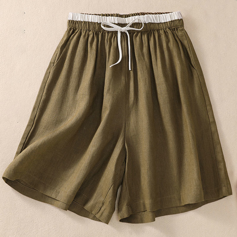 Pantalones cortos de lino y algodón con cintura con contraste de color liso y bolsillos para mujer con Buddha Stones - Aceituna - US8-10，UK/AU12-14，EU40-42 (2XL) - image 13