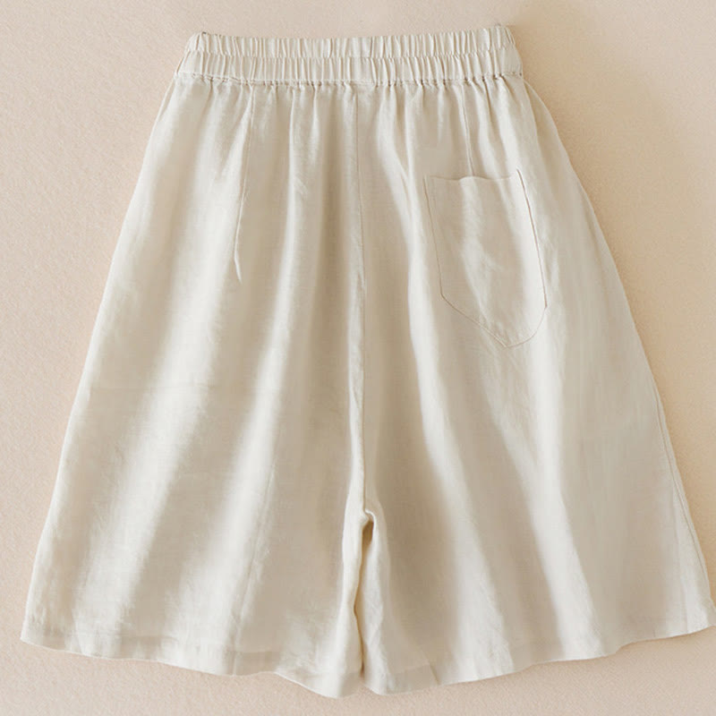 Pantalones cortos de lino y algodón de color liso y casual con Buddha Stones para mujer con bolsillos