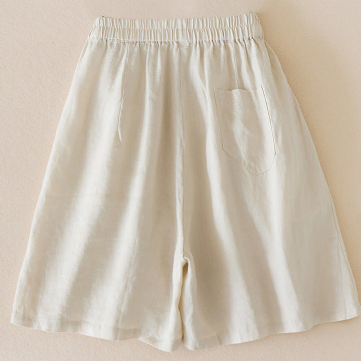 Pantalones cortos de lino y algodón de color liso y casual con Buddha Stones para mujer con bolsillos