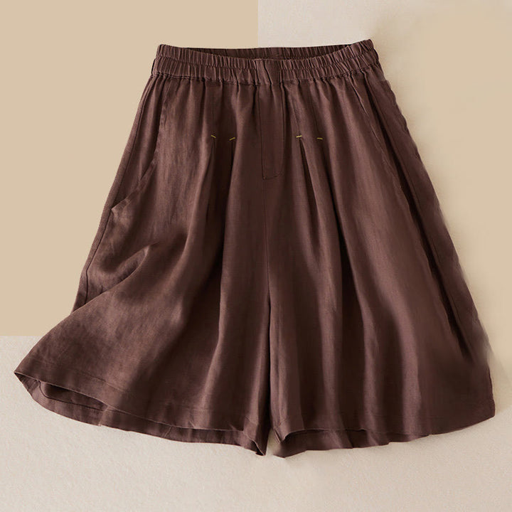 Pantalones cortos de lino y algodón de color liso y casual con Buddha Stones para mujer con bolsillos